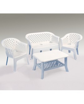 SET TERRAZA VERANDA MESA BAJA 2 SILLONES Y 1 BANCO CON COJINES BLANCO