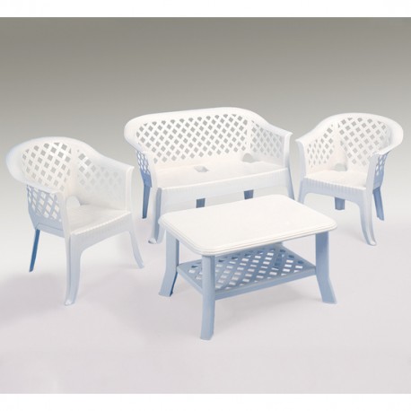 SET TERRAZA VERANDA MESA BAJA 2 SILLONES Y 1 BANCO CON COJINES BLANCO