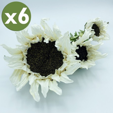 PACK DE 6 RAMOS DE GIRASOL DE 56 CM CON 3 FLORES EN COLOR BLANCO