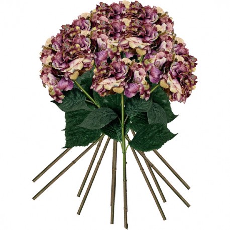 PACK DE 12 RAMOS DE HORTENSIAS CON TACTO NATURAL 88 CM CON FLORES DE 20 CM EN COLOR LILA