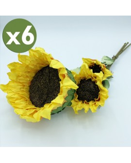 PACK DE 6 RAMOS DE GIRASOL DE 56 CM CON 3 FLORES EN COLOR AMARILLO