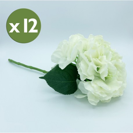 PACK DE 12 RAMOS DE HORTENSIAS CON TACTO NATURAL 42 CM CON FLORES DE 20 CM EN COLOR BLANCO