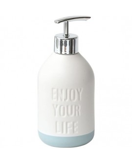 DISPENSADOR DE JABÓN DE 380ML ENJOY YOUR LIFE HECHO EN DOLOMITE BLANCO Y TURQUESA