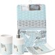 JUEGO DE BAÑO CHANTILLY ESTAMPADO, VASO DE BAÑO, DISPENSADOR DE JABON, JABONERA + ALFOMBRA MICRIFIBRA