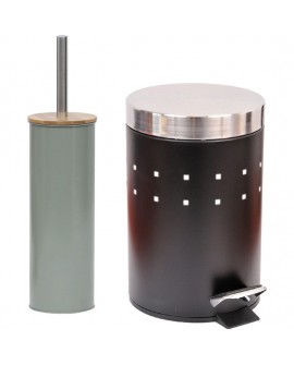 SET DE 2 PIEZAS DE BAÑO, UN CUBO CON PEDAL Y UN ESCOBILLERO, EN COLOR NEGRO Y HECHOS EN METAL.