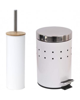 SET DE 2 PIEZAS DE BAÑO, UN CUBO CON PEDAL Y UN ESCOBILLERO, EN COLOR BLANCO Y HECHOS EN METAL.